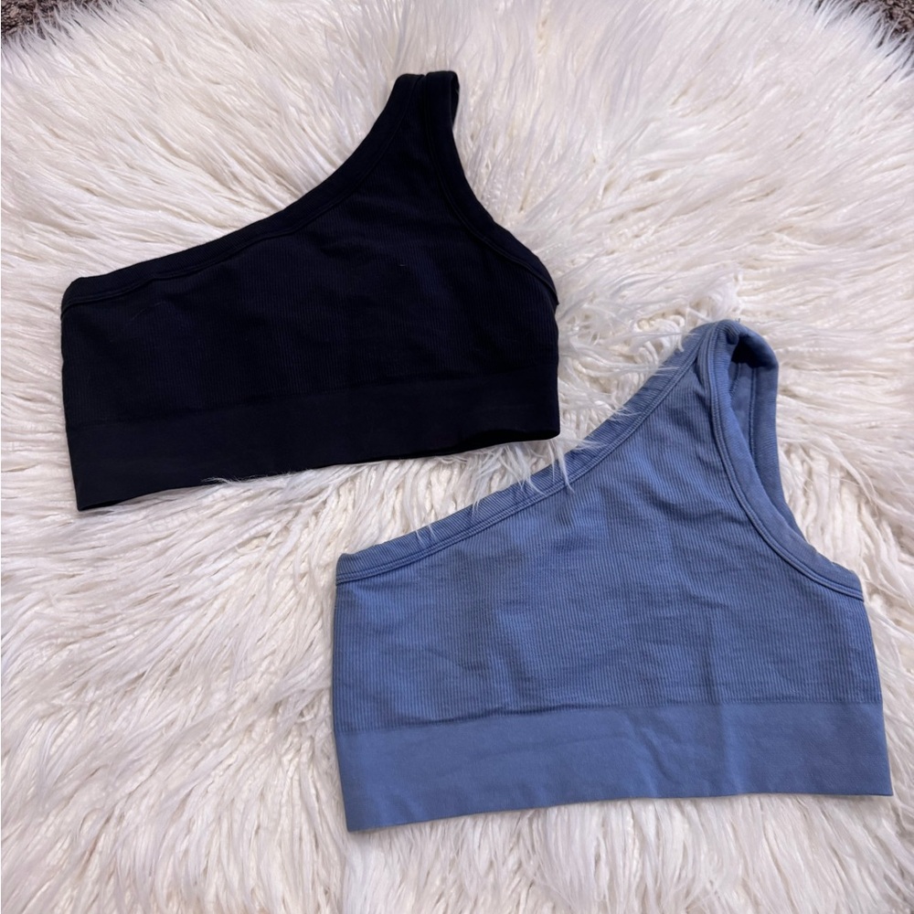 Gymshark Ribbed Cotton Seamless One Shoulder Bra 2pk, Light Support, Blue Black